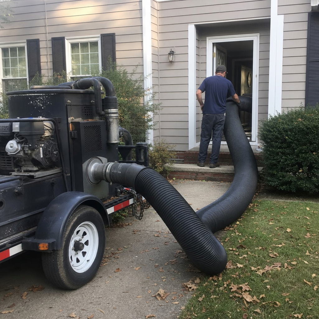 Technician using professional industrial air duct cleaning equipment at a residence in Akron, OH