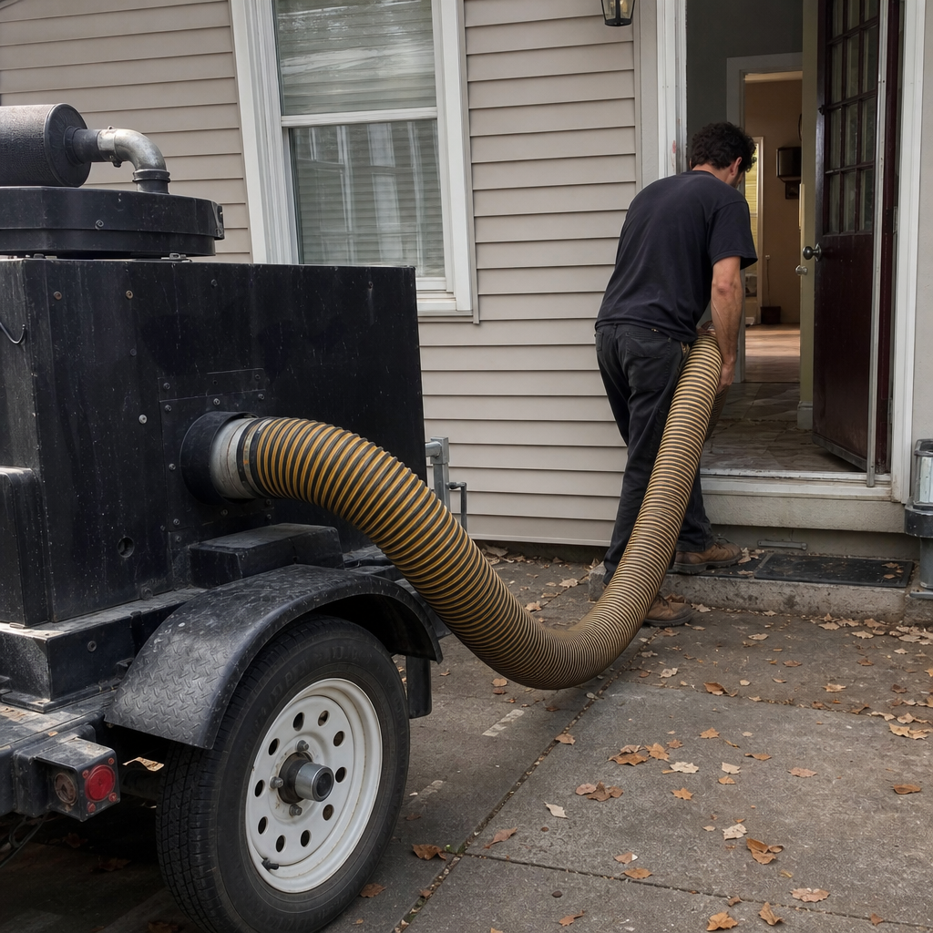 Technician using professional air duct cleaning vacuum equipment at a home in Akron, OH