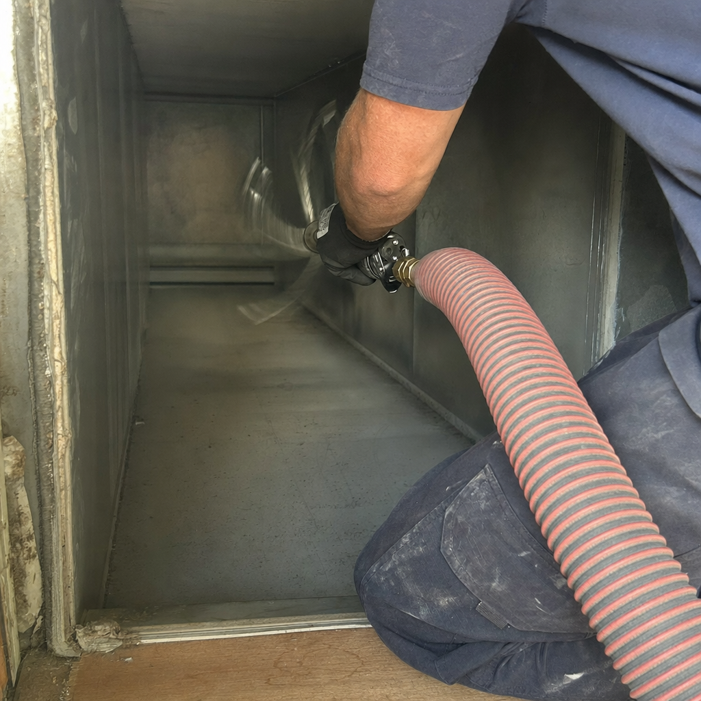 Technician using a rotating brush tool for professional air duct cleaning