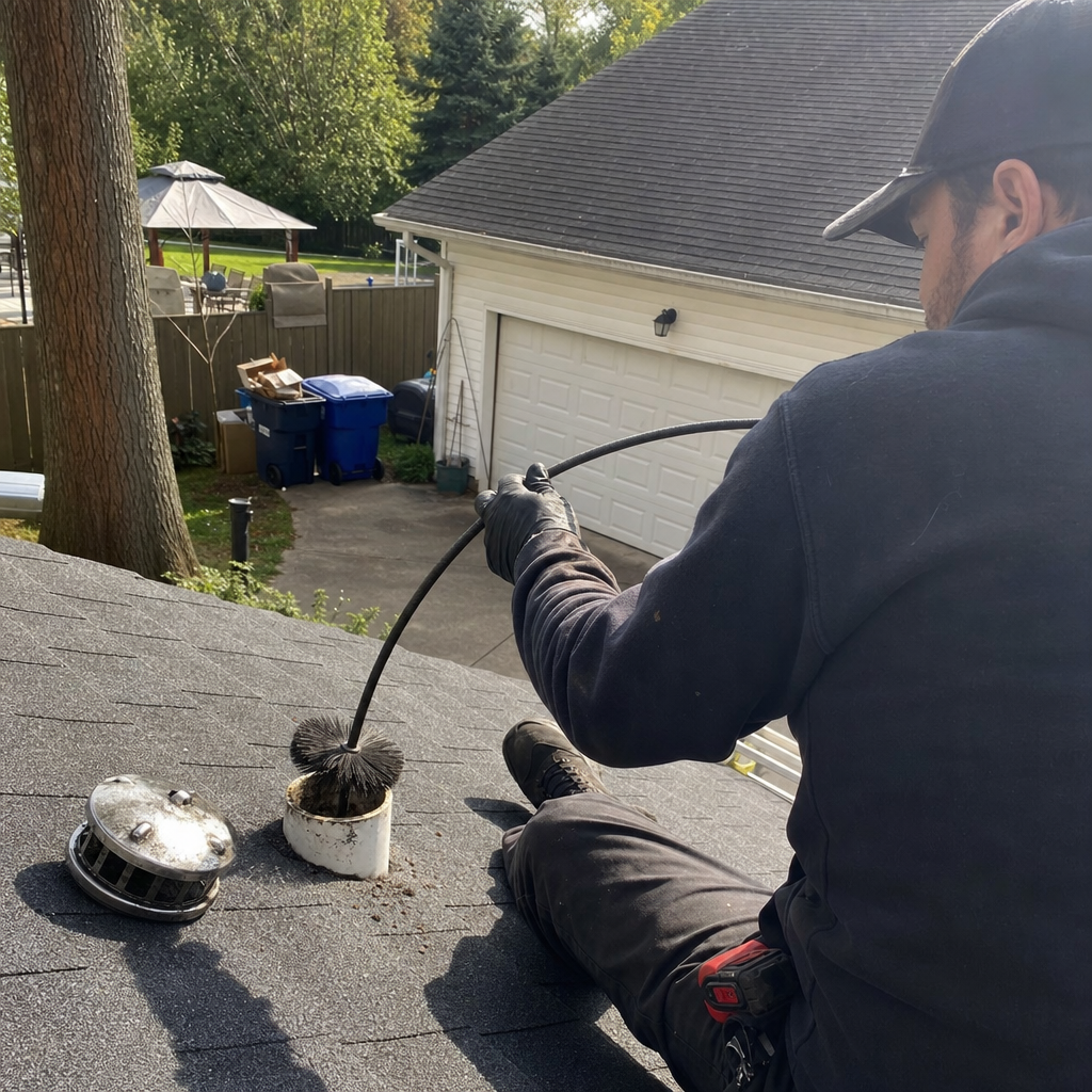Technician performing professional dryer vent cleaning on a residential roof