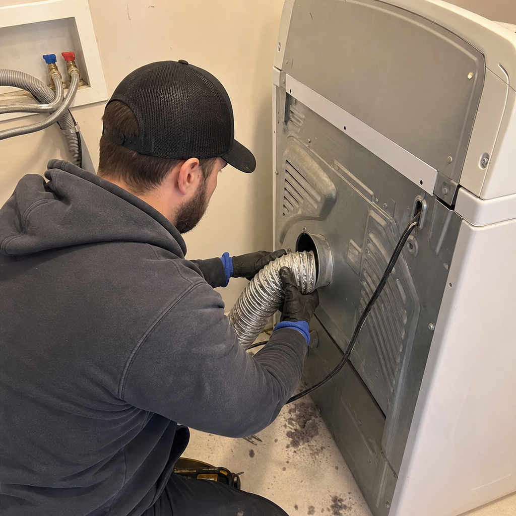 Technician connecting flexible metal dryer vent hose for professional maintenance