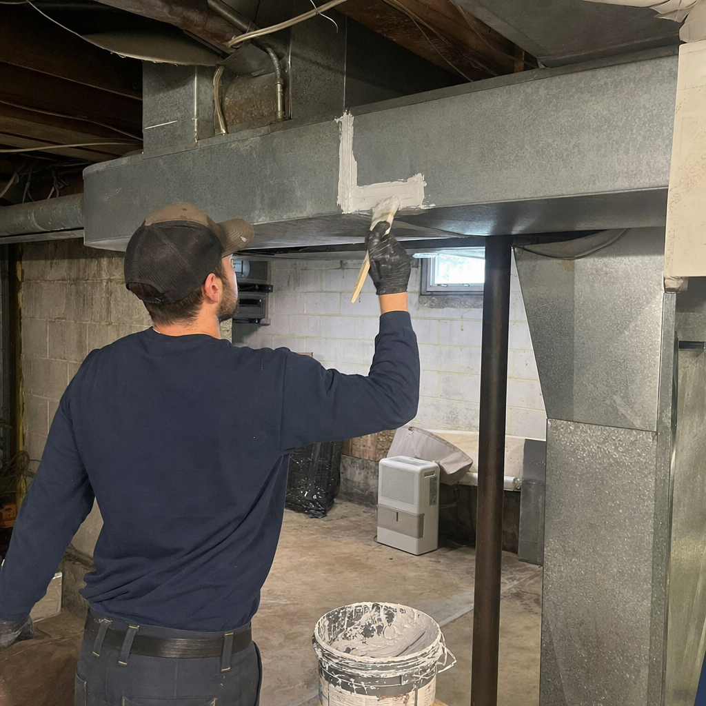 HVAC technician applying sealant to a residential air duct system in Akron, OH