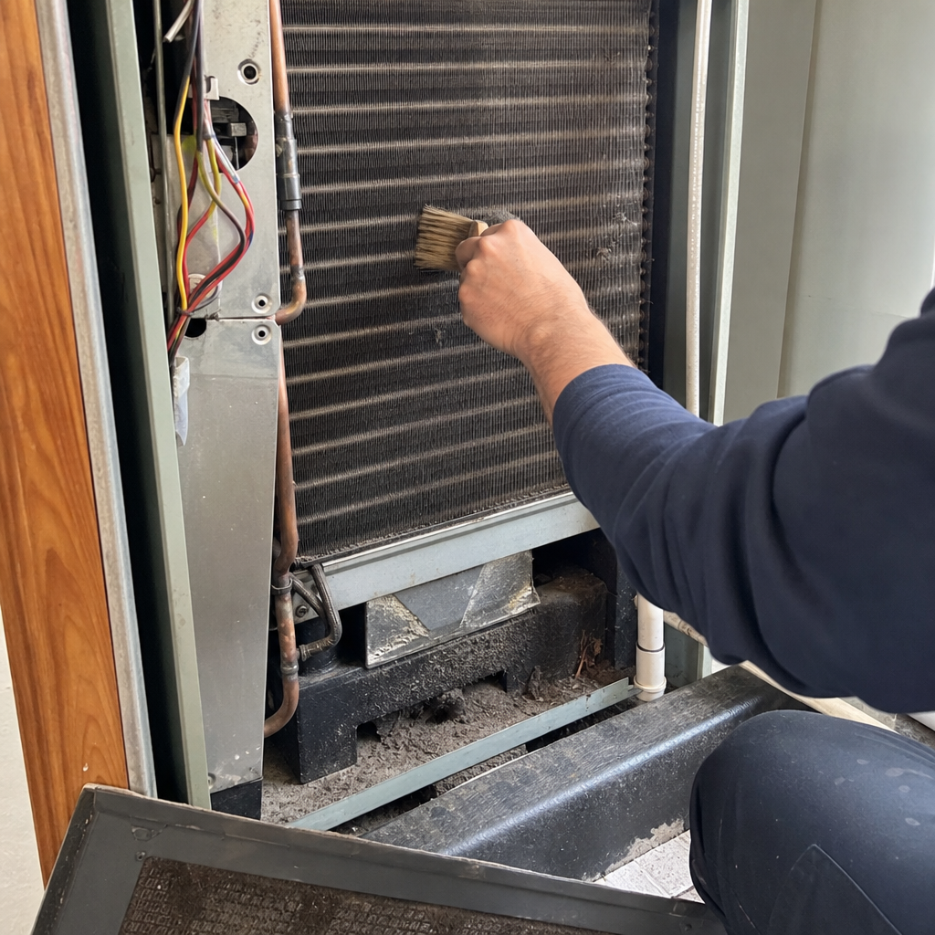 Technician performing professional HVAC system coil cleaning and maintenance