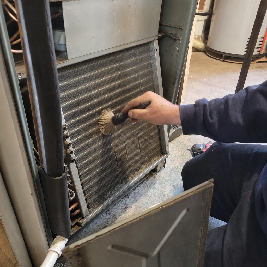 HVAC technician cleaning evaporator coil with a brush