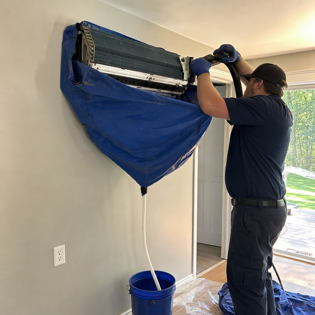 Professional technician performing deep cleaning on a residential HVAC unit